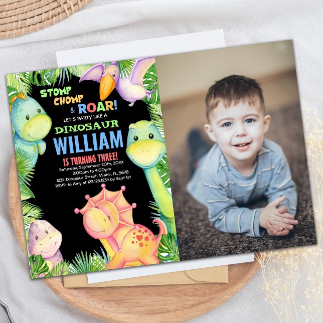 Green Black Photo Dinosaur Invitations d'anniversa (Green Black Photo Dinosaur Birthday Invitations)