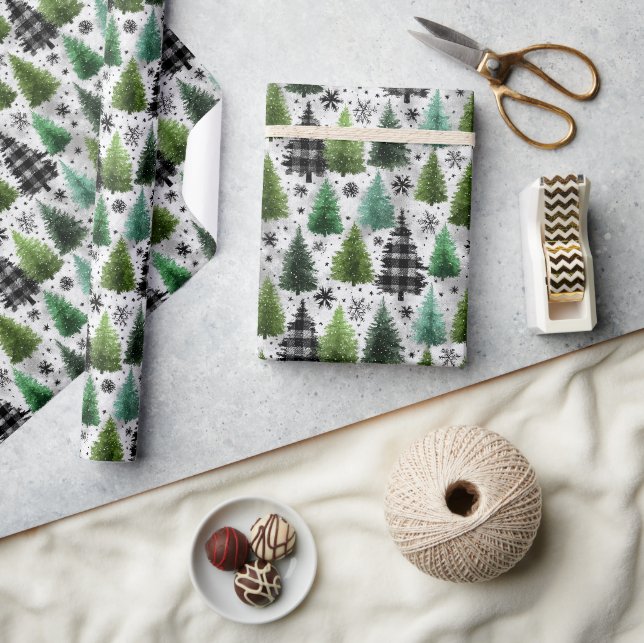 Green, Black Plaid & Houndstooth Christmas Pattern Geschenkpapier (Kunsthandwerk)