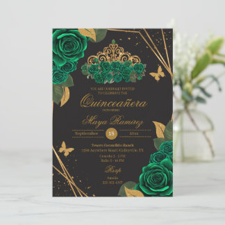 Green Black Rose Tiara Gold Glitzer Quinceañera Einladung