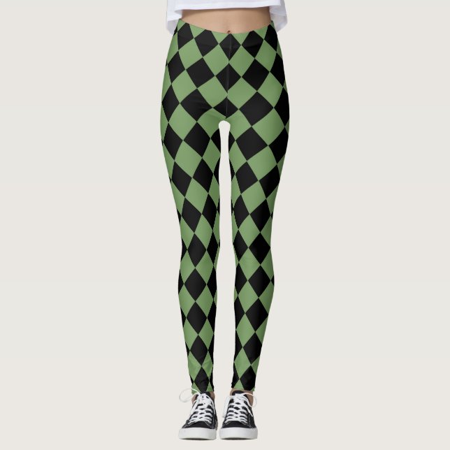 Green Black Schachbrett Diamond Pattern Leggings (Vorderseite)