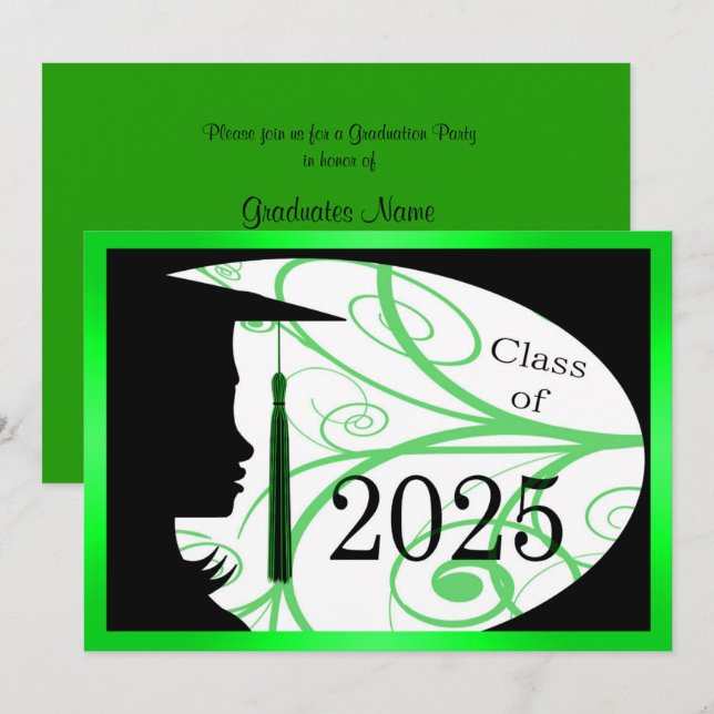 Green & Black Silhouette 2025 Graduation Party Einladung (Vorne/Hinten)