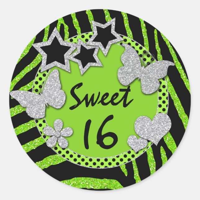 Green Black Silver IMITATE Glitzer Sweet 16 Sticke Runder Aufkleber (Vorderseite)
