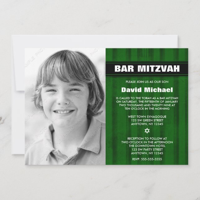 Green Black Stripes Photo Bar Mitzvah Invitations (Devant)