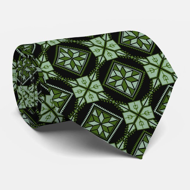 Green & Black Tatreez Henna Thobe Print Muster Krawatte (Gerollt)