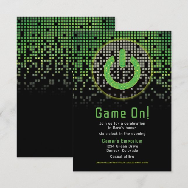 Green Black Video Game Gamer Bar Mitzvah Begleitkarte (Vorne/Hinten)