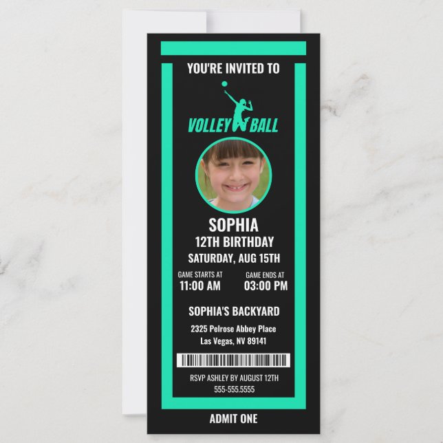 Green Black Volleyball Ticket Birthday Photo Einladung (Vorderseite)