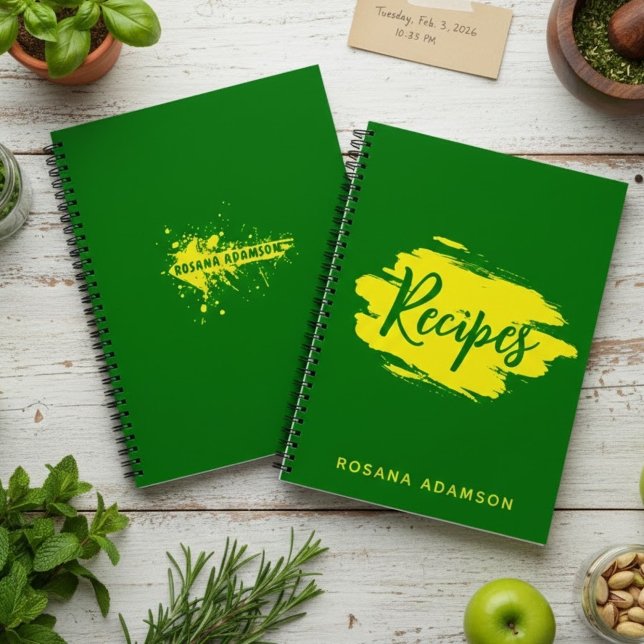 Green Blank Recipe Pages Journal with Yellow Name  Notizbuch (kitchen organization gift, forest green stationery, personalized gift for cook)
