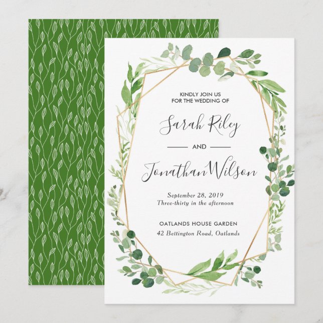 Green Blätter gold Terrarium Hochzeitseinladung Einladung (Vorne/Hinten)