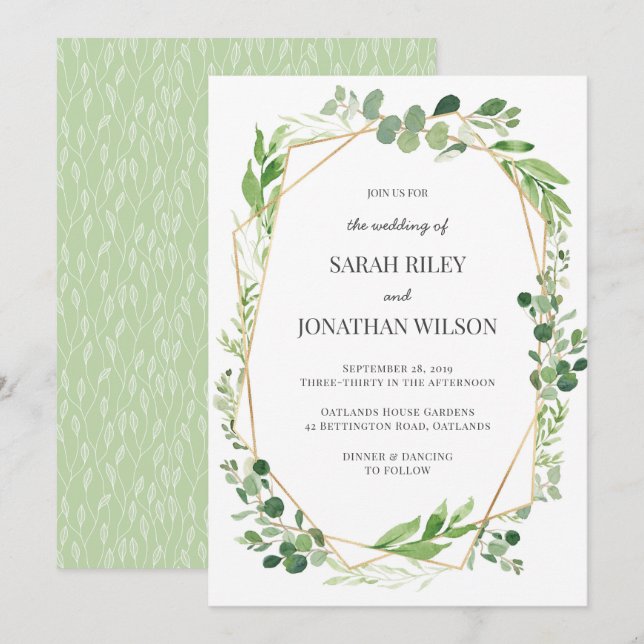 Green Blätter gold Terrarium Hochzeitseinladung Einladung (Vorne/Hinten)