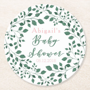 Green Blätter Kreath   Personalisierte Babydusche Runder Pappuntersetzer