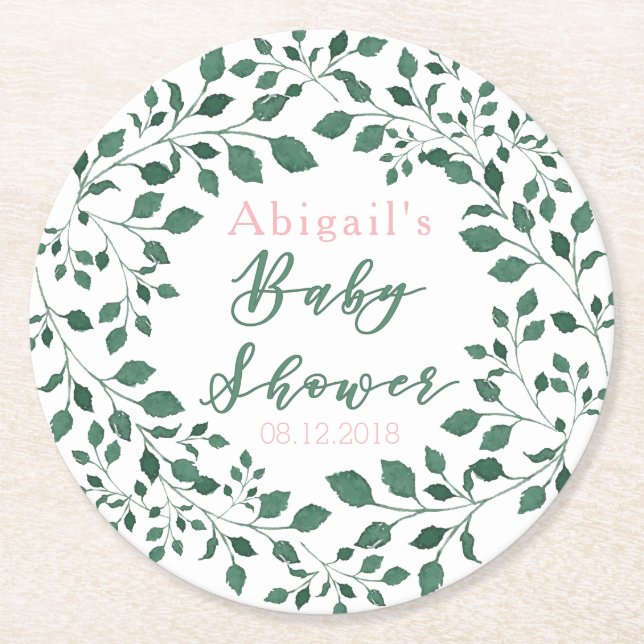 Green Blätter Kreath | Personalisierte Babydusche Runder Pappuntersetzer (Vorderseite)