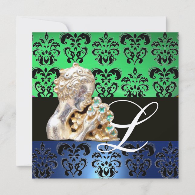 GREEN BLAU, SCHWARZ, WEISS, DAMASK JEWEL MONOGRAM EINLADUNG (Vorderseite)