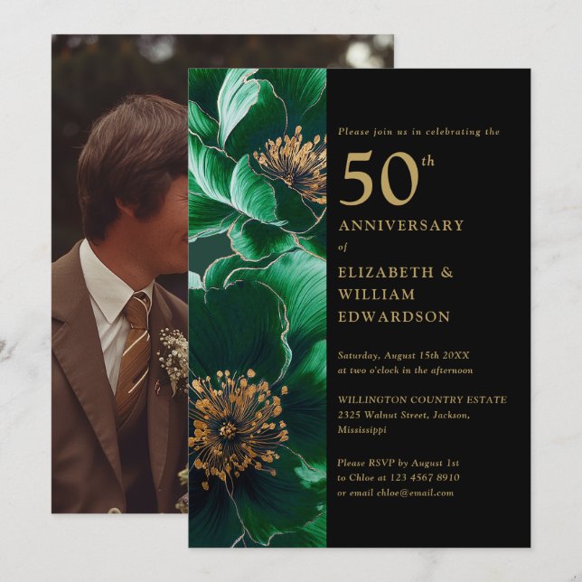 Green Bloral Black and Gold 50 Jahre Foto Einladung (Vorne/Hinten)