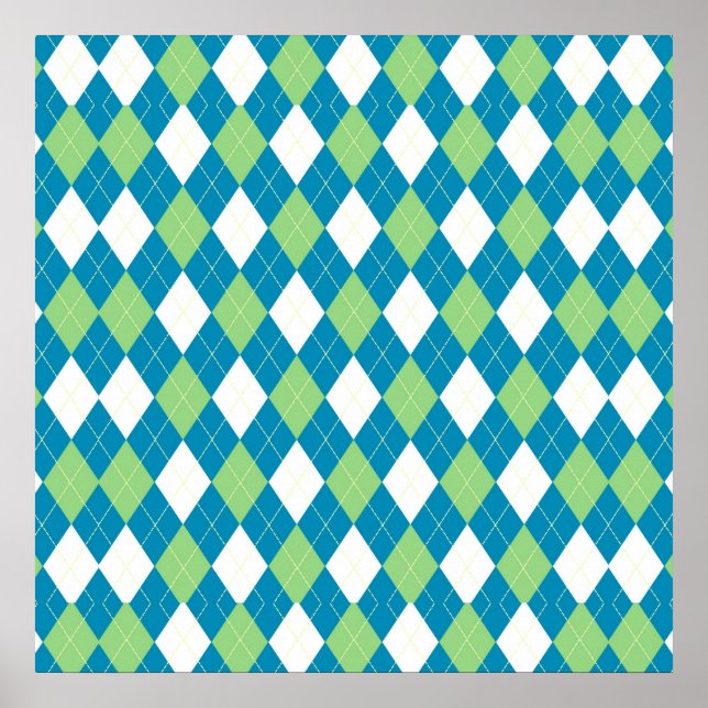 Green Blue and White Argyle Pattern Poster (Vorne)
