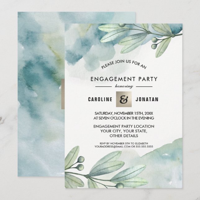 Green | Blue Berry Branch Engagement Party Einladung (Vorne/Hinten)