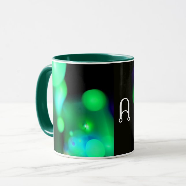 GREEN BLUE BLACK FRAKTAL BUBBLES MONOGRAMM TASSE (Vorderseite Links)