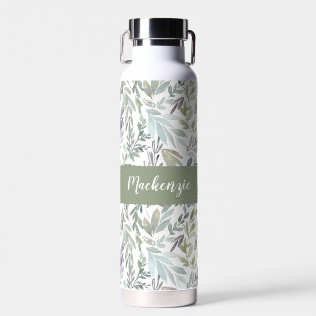 Green Blue Botanical Watercolor Monogram Name Trinkflasche (Vorne)
