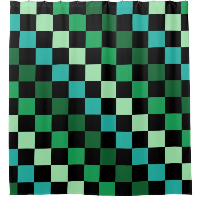 Green Blue Checkered Gingham Pattern Duschvorhang (Vorderseite)