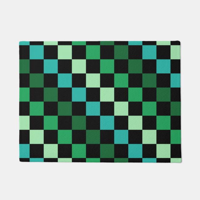 Green Blue Checkered Gingham Pattern Fußmatte (Vorderseite)