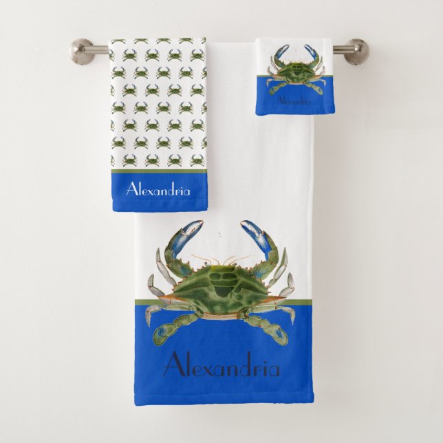 Green Blue Crab Grau Nautical Coastal Badetuch Badhandtuch Set (Insitu)