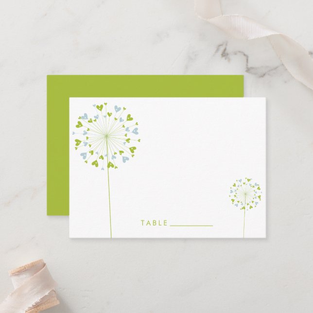 Green & Blue Dandelion Blume Liebe Hearts Wedding Platzkarte (Vorderseite/Rückseite Beispiel)