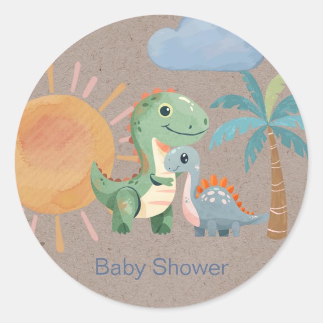 Green Blue Dinosaur Adventure Boy Baby Dusche Runder Aufkleber (Vorderseite)