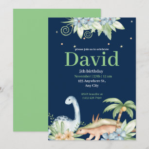 Green Blue Floral Dinosaurier Geburtstag Einladung