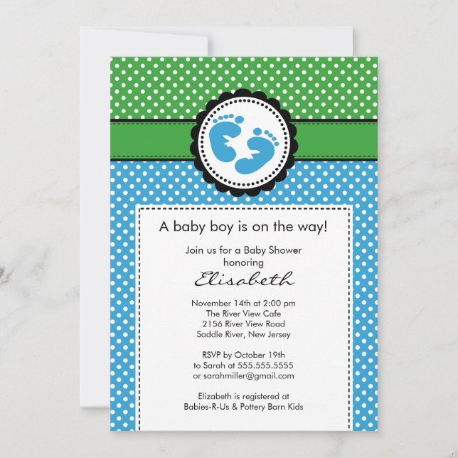 Green Blue Footprint Boy Baby Showeinladung Einladung (Vorderseite)