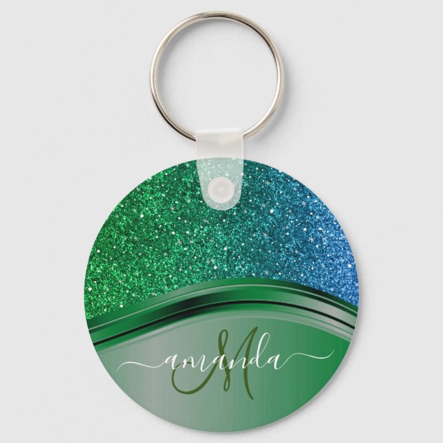 Green Blue Glitzer Handgeschriebene Kalligrafie Schlüsselanhänger (Vorderseite)