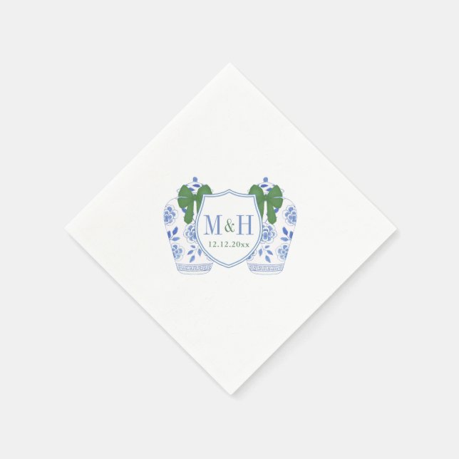 Green Blue Holidays Monogram Wappen Wedding Serviette (Ecke)
