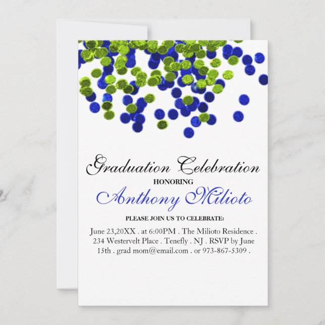 Green & Blue Metallic Confetti Abschluss laden ein Einladung (Vorderseite)