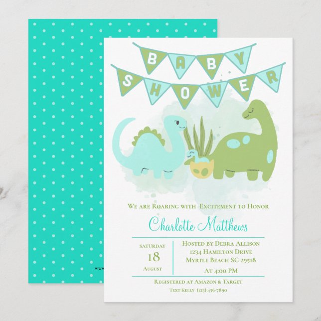 Green Blue Niedlich Dinosaur Mama und Baby Dusche Einladung (Vorne/Hinten)