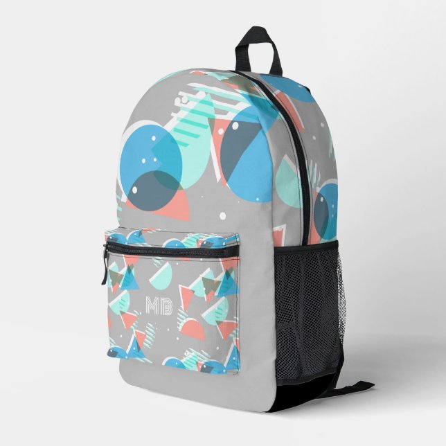 Green Blue Peach Orange Grau Midjahrs Kunst Bedruckter Rucksack (Rückseitige Ecke Rechts)