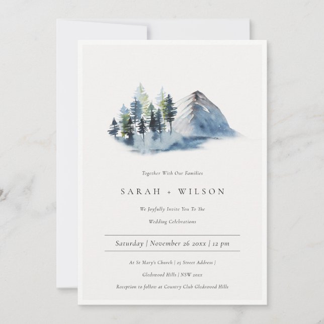 Green Blue Pine Woods Mountain Wedding Invitation (Devant)