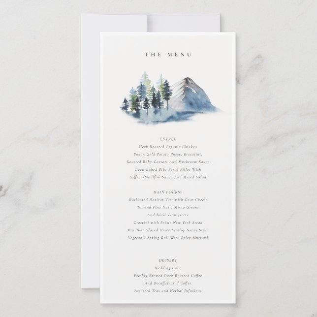 Green Blue Pine Woods Mountain Wedding Menu Card Dankeskarte (Vorderseite)