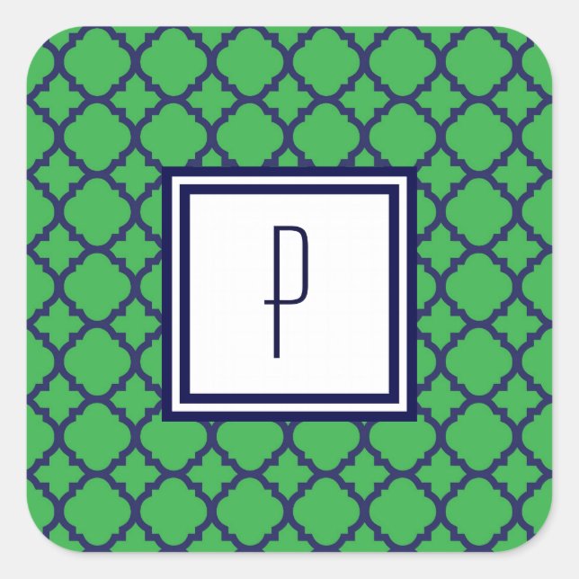 Green Blue Quatrefoil Monogram Stickers (Vorderseite)
