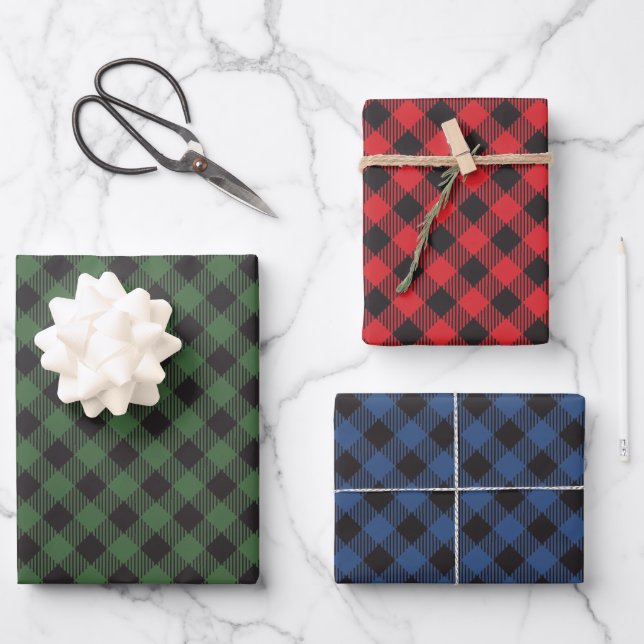 Green Blue Red Buffalo Plaid Checkered Geschenkpapier Set (Vorderseite)
