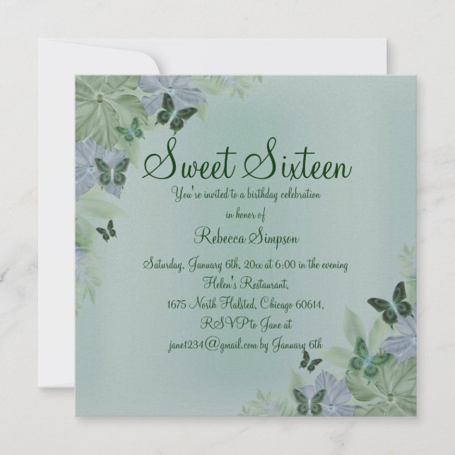 Green & Blue Shimmer Schmetterling Sweet 16 Einlad Einladung (Vorderseite)