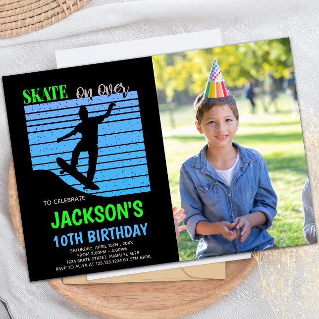 Green Blue Skateboards Anniversaire Invitations ph (Green Blue Skateboards Birthday Invitations)