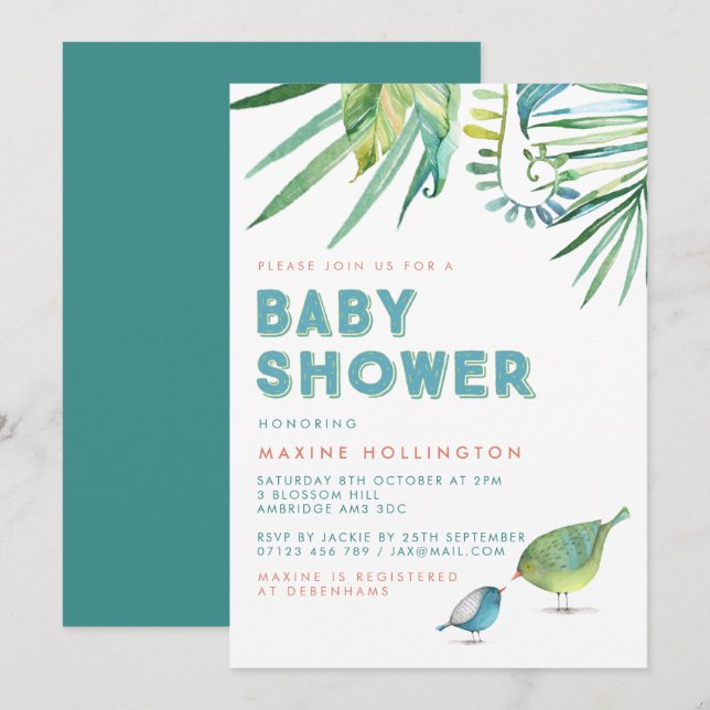 Green & Blue Tropical Birds Watercolor Babydusche Einladung (Vorne/Hinten)