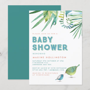 Green & Blue Tropical Birds Watercolor Babydusche Einladung