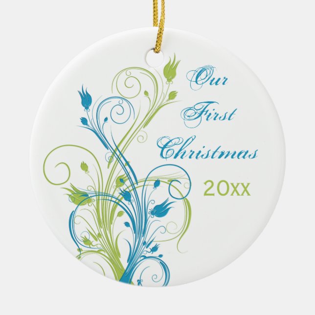 Green Blue White "Our First Christmas" Ornament (Vorne)