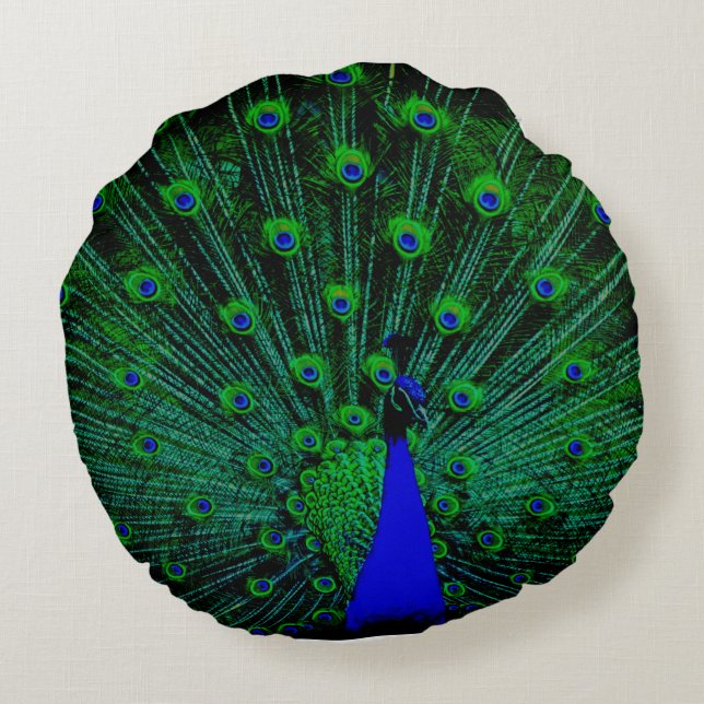 GREEN BLUE YELLOW ATEMBERAUBEND PEACOCK RUNDES KISSEN (Rückseite)
