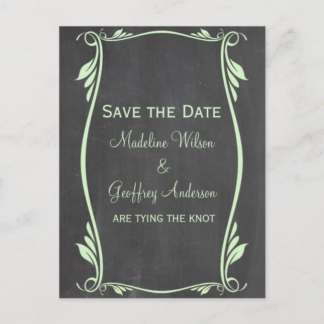 Green Blüh Chalkboard Save the Date Postkarte (Vorderseite)