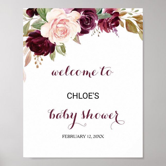 Green Blush Burgundy Bloral Baby Dusche Willkommen Poster (Vorne)