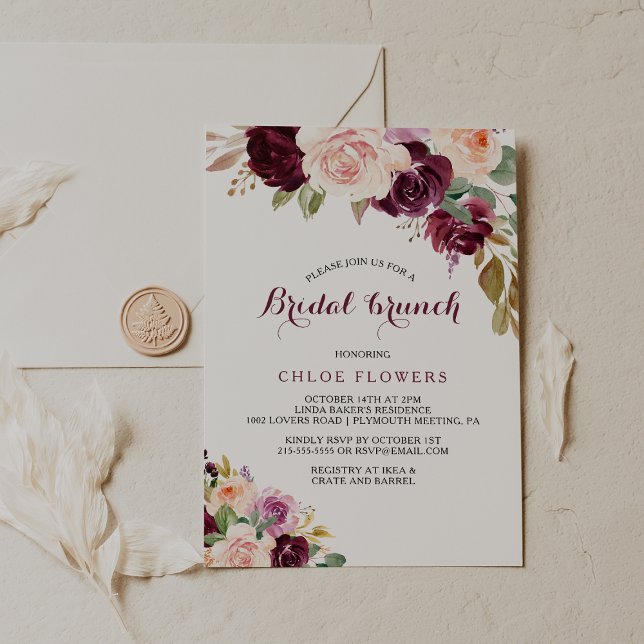 Green Blush Burgundy Bloral Bridal Brunch Einladung (Von Creator hochgeladen)
