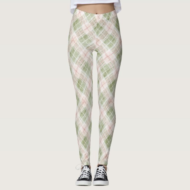 Green Blush Pink Plaid Stripes Leggings (Vorderseite)