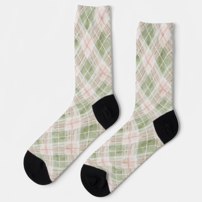 Green Blush Pink Plaid Stripes Socken (Linkes Detail)
