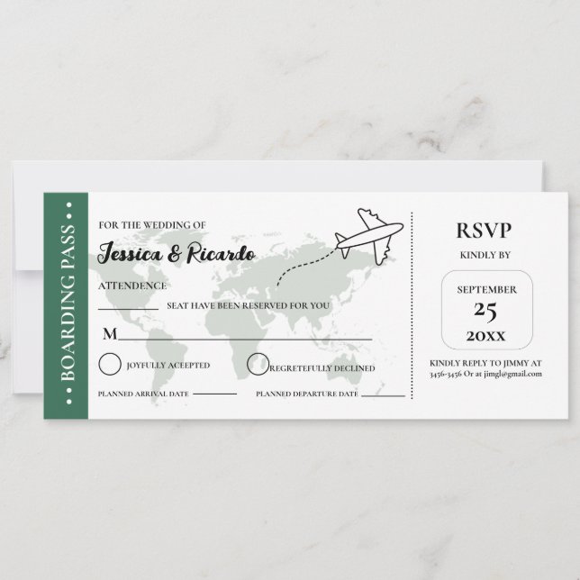 Green Boarding Pass Hochzeit RSVP Gehäuse Karte (Vorderseite)
