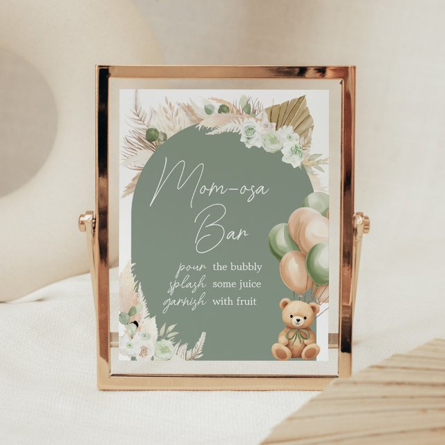 Green Boho Bear Balloon Baby Dusche Mama Osa Bar Poster (Sage Green Balloons Baby Shower Mom Osa Bar Sign)